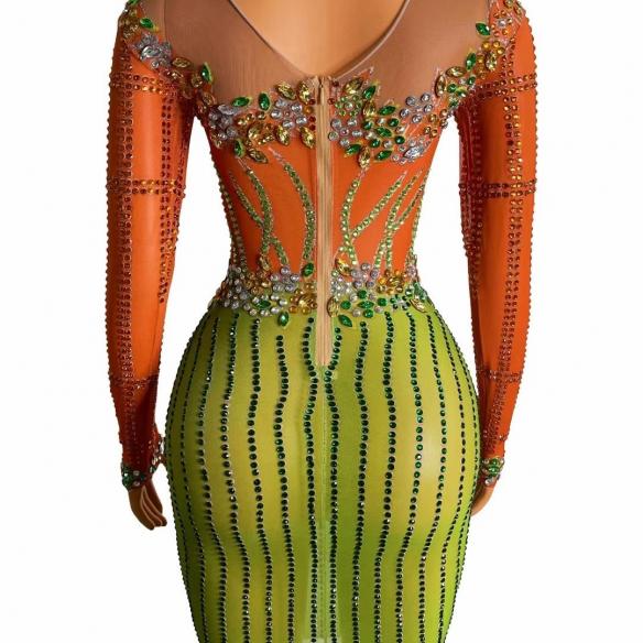 Orange & Green Rhinestone Dress