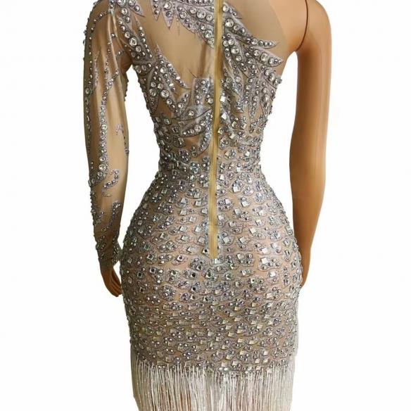 Fringed One-sleeve Rhinestone Dress