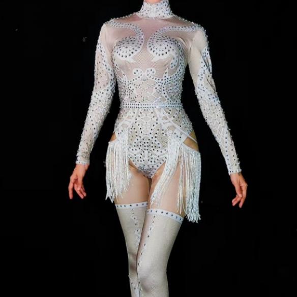 Nude Crystallized Fringed Showgirl Clubwear