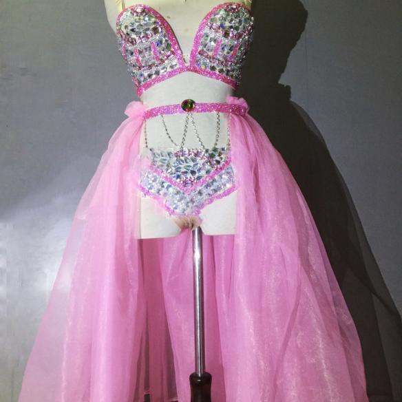 Pink & White Rhinestone Bikini Suit 