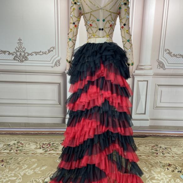 Black mix red rhinestone mesh dress