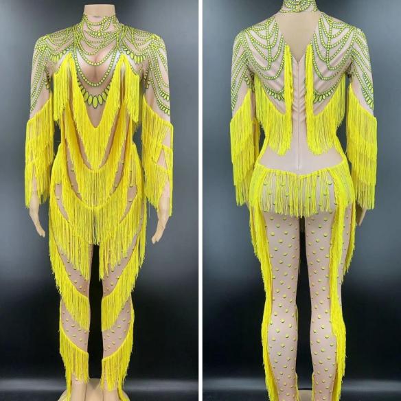 Yellow Bead Print Tassel Bodysuit