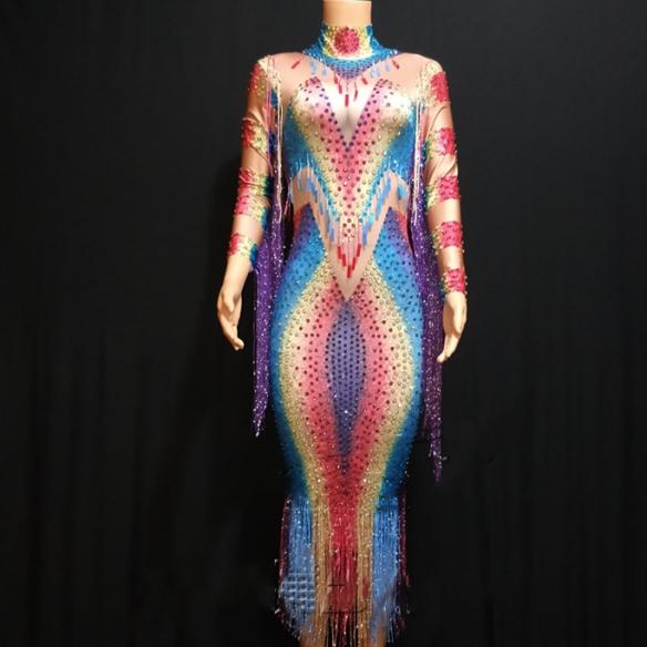 Multicolor Fringe Rhinestones Dress