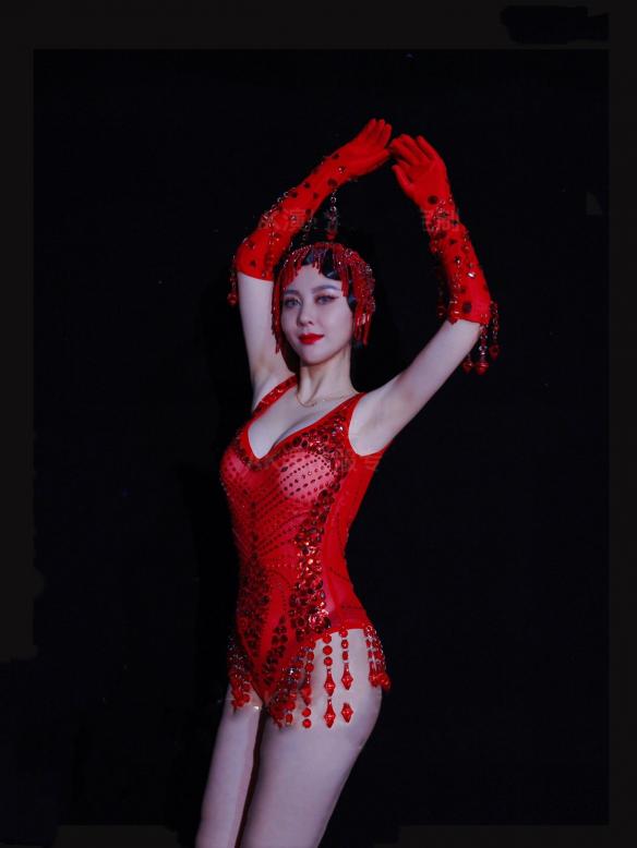 Red Rhinestone Leotard (includes headdress & gloves)