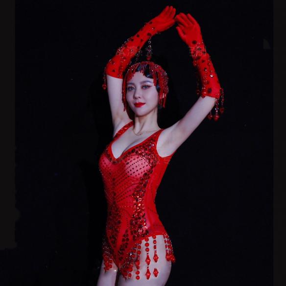 Red Rhinestone Leotard (includes headdress & gloves)