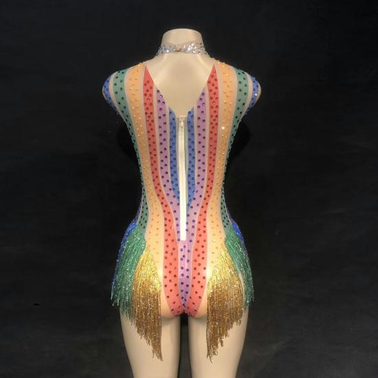 Multi color Rhinestone Tassel Leotard Costumes Raywigs