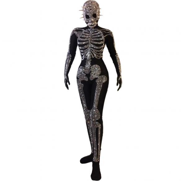 Silver Rhinestone Rivet Skeleton Bodysuit
