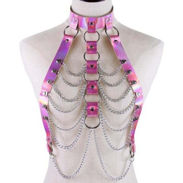 Pink Body Cage Harness Bra Laser Metal Chain Rave Costume