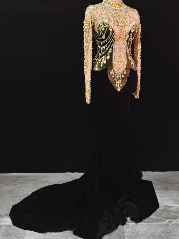 Yellow Rhinestone Black Velvet Gown