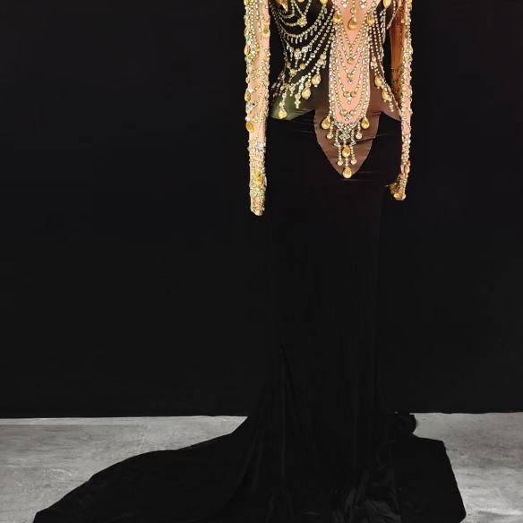 Yellow Rhinestone Black Velvet Gown