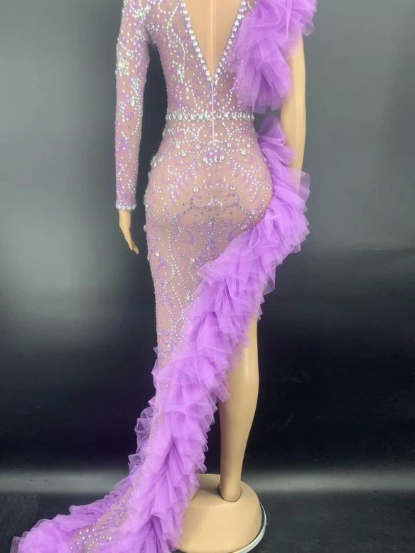 Purple Lace Long Sleeve Rhinestone Dress