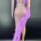 Purple Lace Long Sleeve Rhinestone Dress