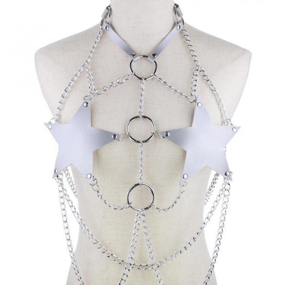 Silver Body Cage Harness Bra Metal Chain Rave Costume
