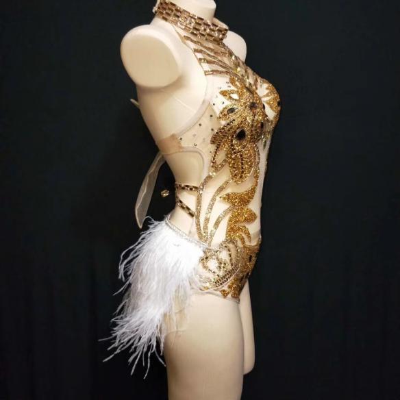 Golden Nude Crystallized Feather Leotard