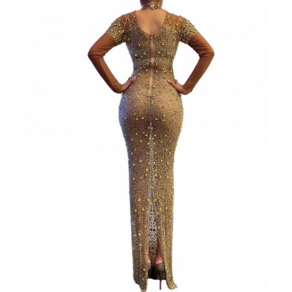 Gold Rhinestones Transparent Long Dress