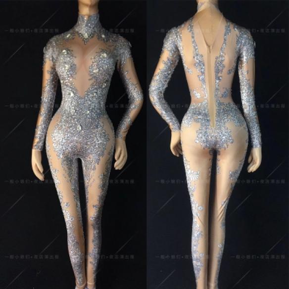 Silver Rhinestones Nude Bodysuit 