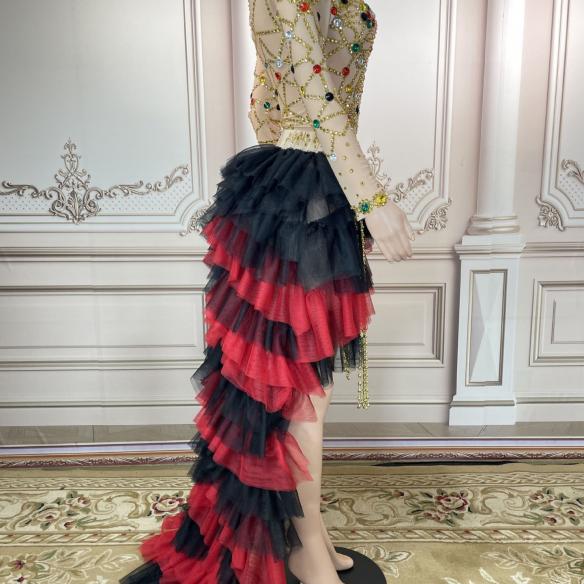 Black mix red rhinestone mesh dress