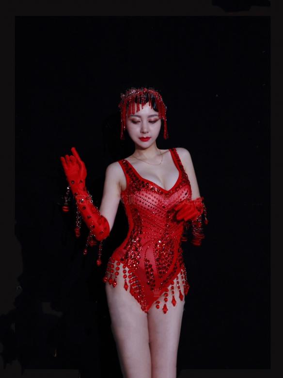 Red Rhinestone Leotard (includes headdress & gloves)