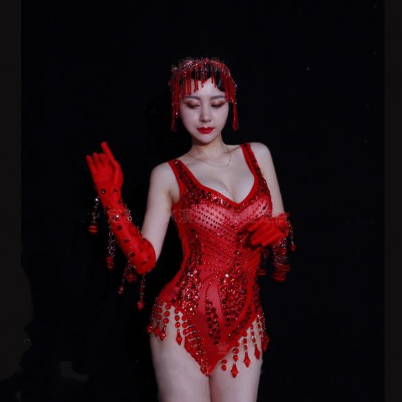 Red Rhinestone Leotard (includes headdress & gloves)