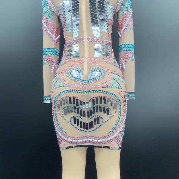 Multi-Color Rhinestoned Long Sleeves Dress