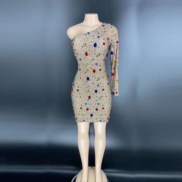 Black Single Sleeve Rhinestone Short Dress