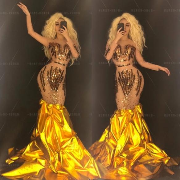 Golden Rhinestones Long Trail Maxi Dress