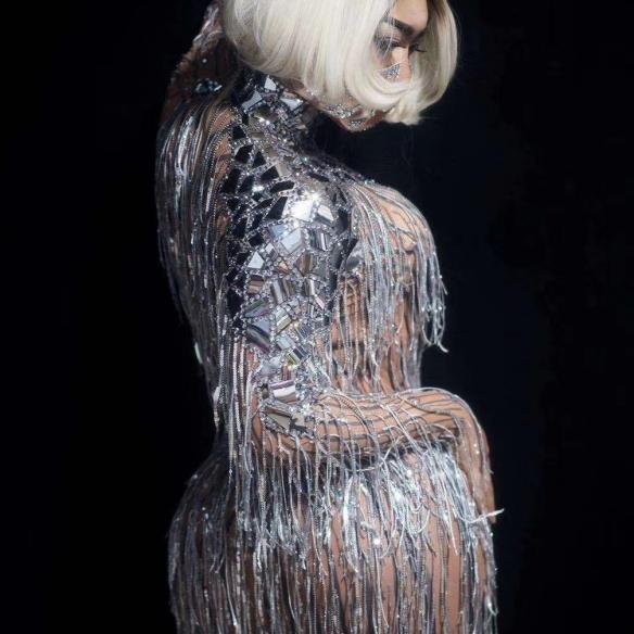 Sparkly Silver Rhinestones Tasseled Bodysuit