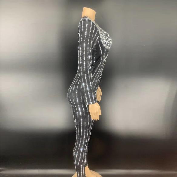 Black Silver Rhinestone Stripe Bodysuit