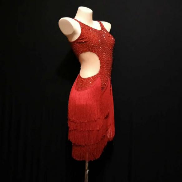 Red Rhinestones Fringe Slip Dress