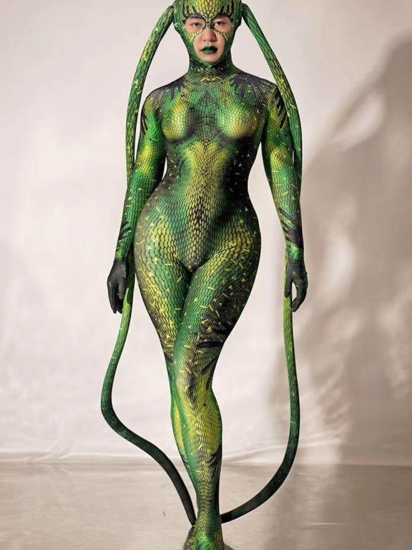 Green Snake Pattern Bodysuit