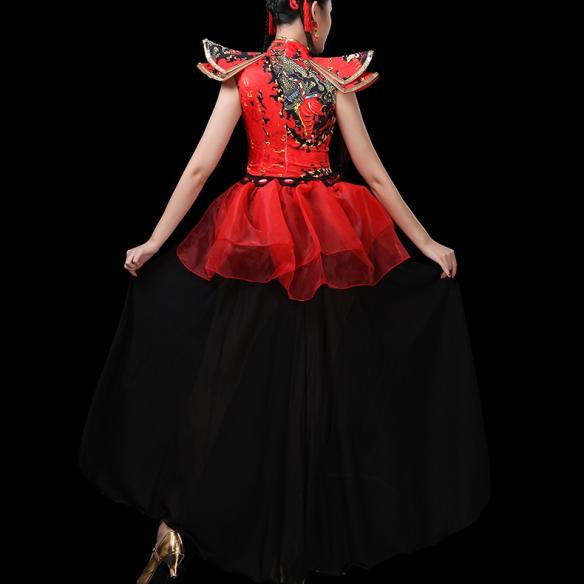 China Red Dragon Crystallised With Black Trailing Leotard Cheongsam