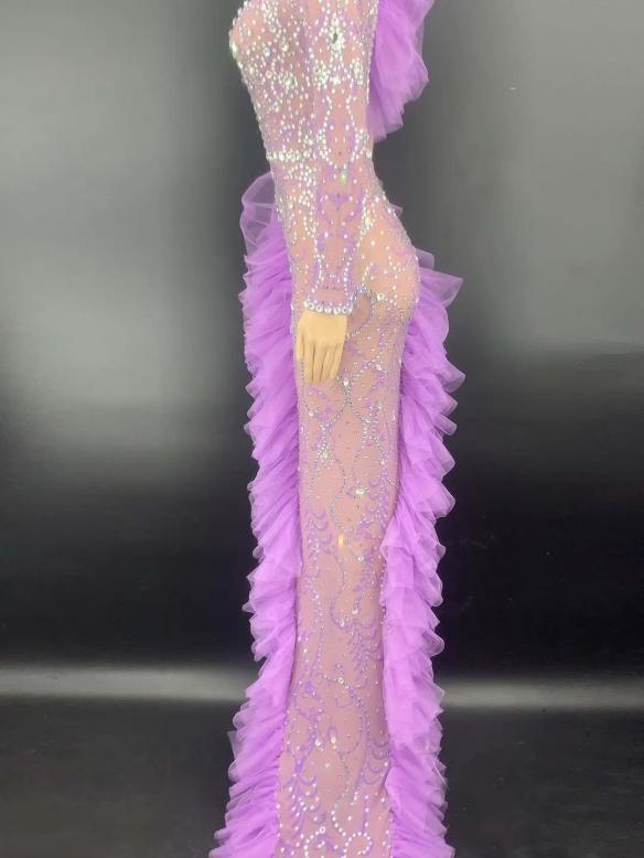 Purple Lace Long Sleeve Rhinestone Dress