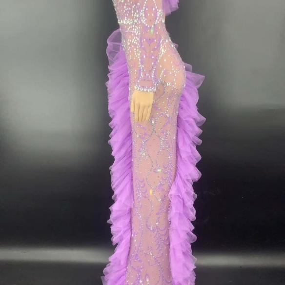 Purple Lace Long Sleeve Rhinestone Dress