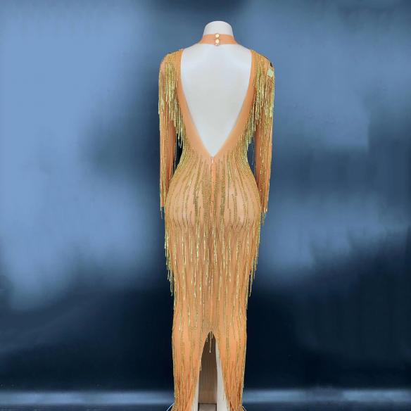 Gold Sequin Tassel Backless Dress