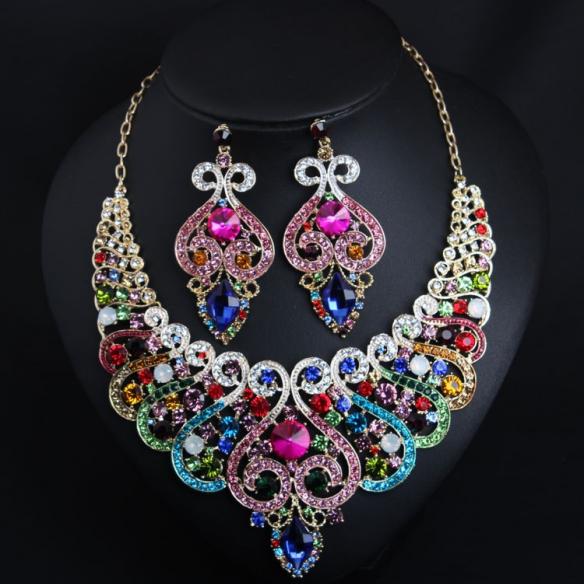 Triple iridescent crystal and rhinestone drop drag queen crystal necklace & earrings