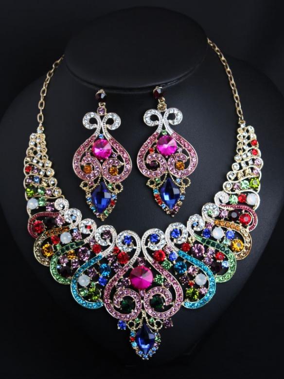 Triple iridescent crystal and rhinestone drop drag queen crystal necklace & earrings