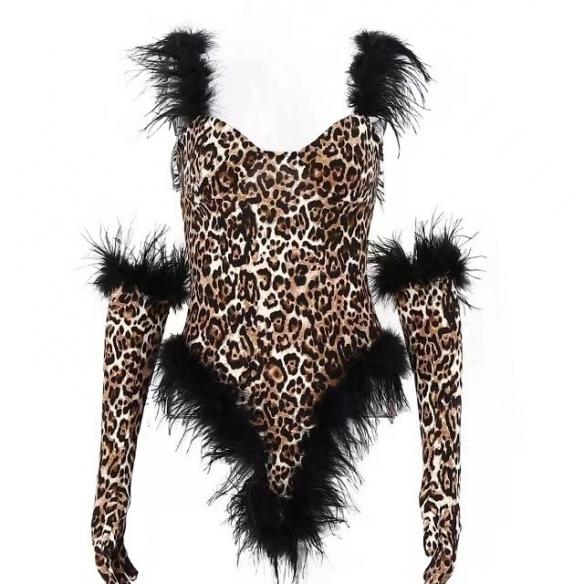 Leopard fringe leotard (include gloves)