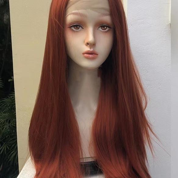 Reddish brown long straight synthetic wig