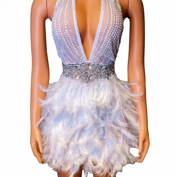 White sleeveless feather dress