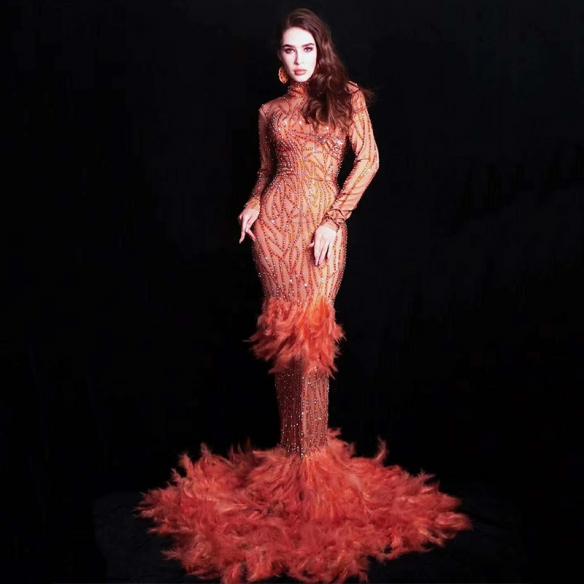 Orange Rhinestones Feather Dress