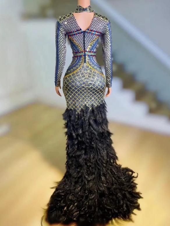 Full rhinestone feather fishtail dress