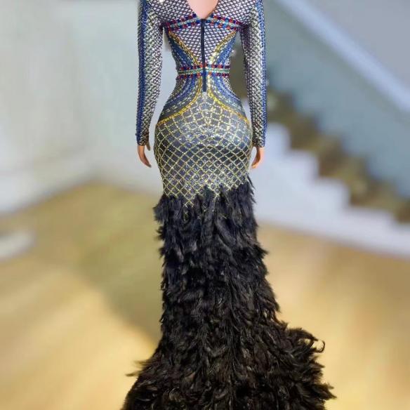 Full rhinestone feather fishtail dress