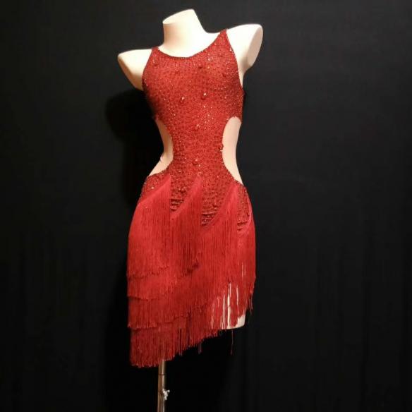 Red Rhinestones Fringe Slip Dress
