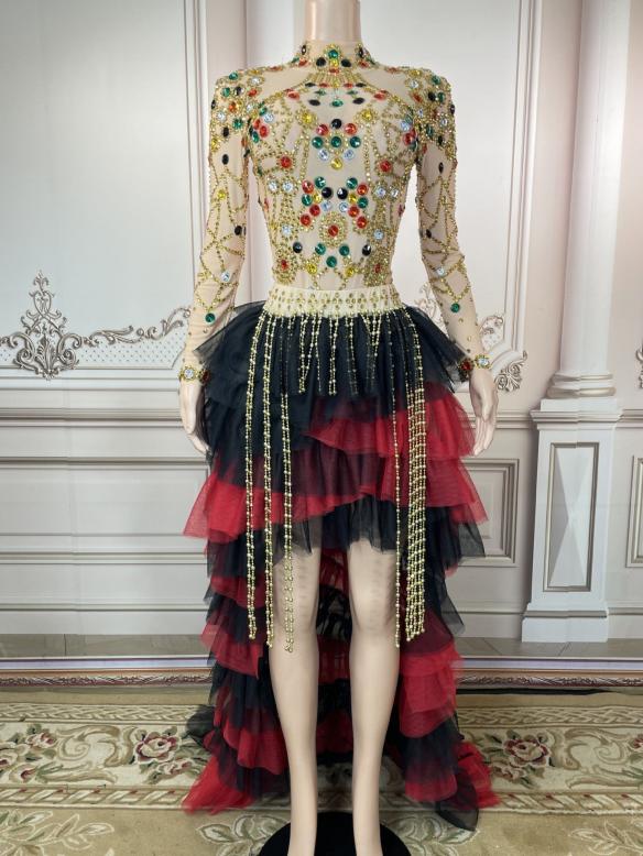 Black mix red rhinestone mesh dress