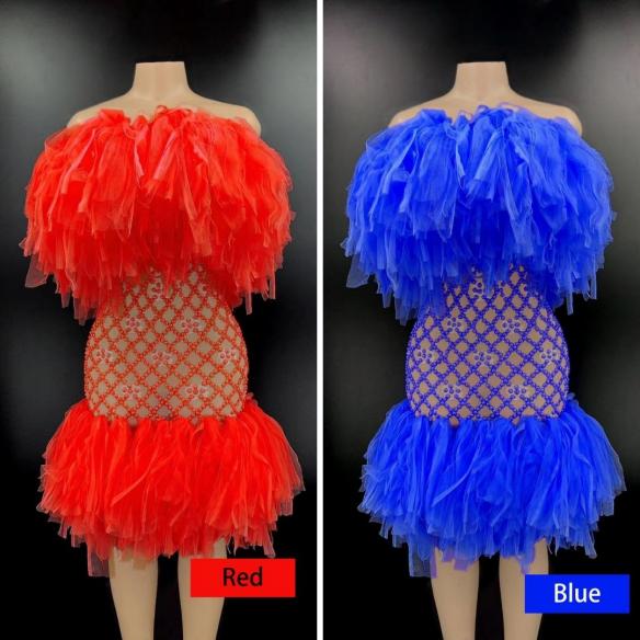 Various Colors Bead Grid Tulle Dress