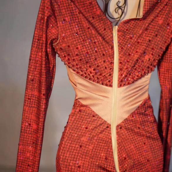 Red Rhinestone Mandarin Sleeve Dress