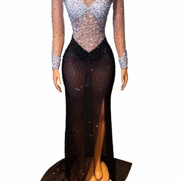 Black Rhinestone & pearl Trailing Dress