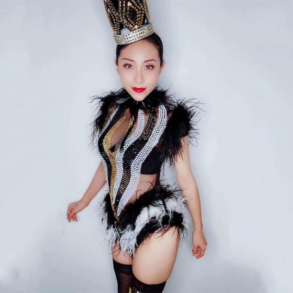 Tricolor Rhinestones Feather Leotard