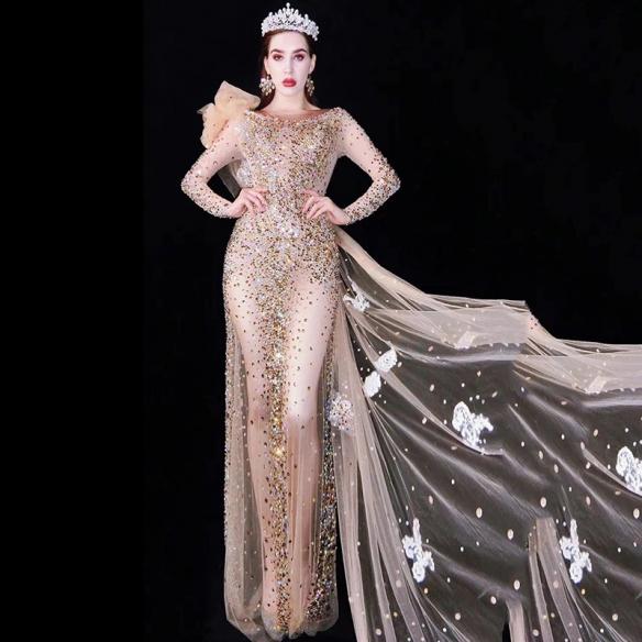 Gold Rhinestoned Long Trailing Dress