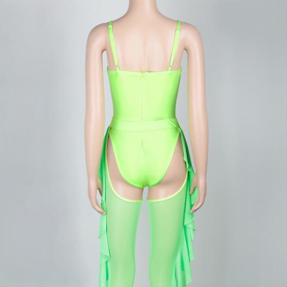 Black/ Fluorescent Green Ruffle Two Pieces Bodysuit